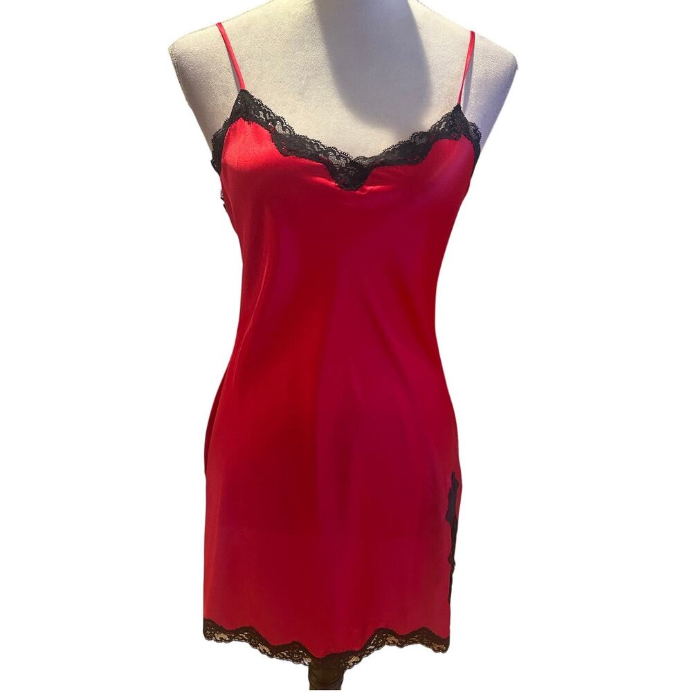 Victoria's Secret Satin Red Slip Dress With Black Lace Trim Side Slit S